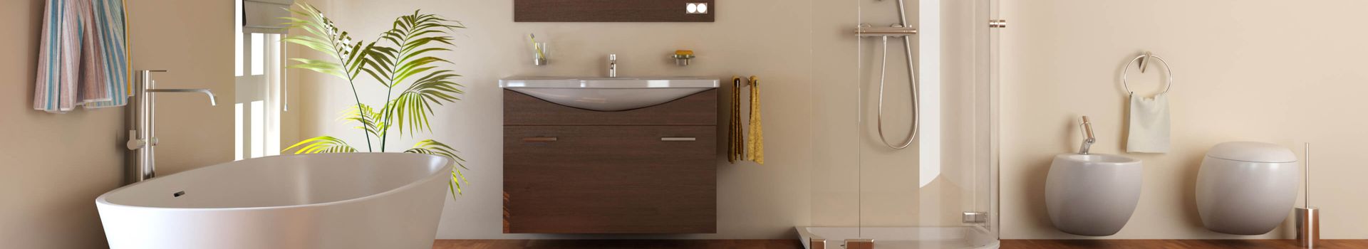 Modernes Badezimmer mit einer Badewanne, einem Waschbecken und einer Toilette