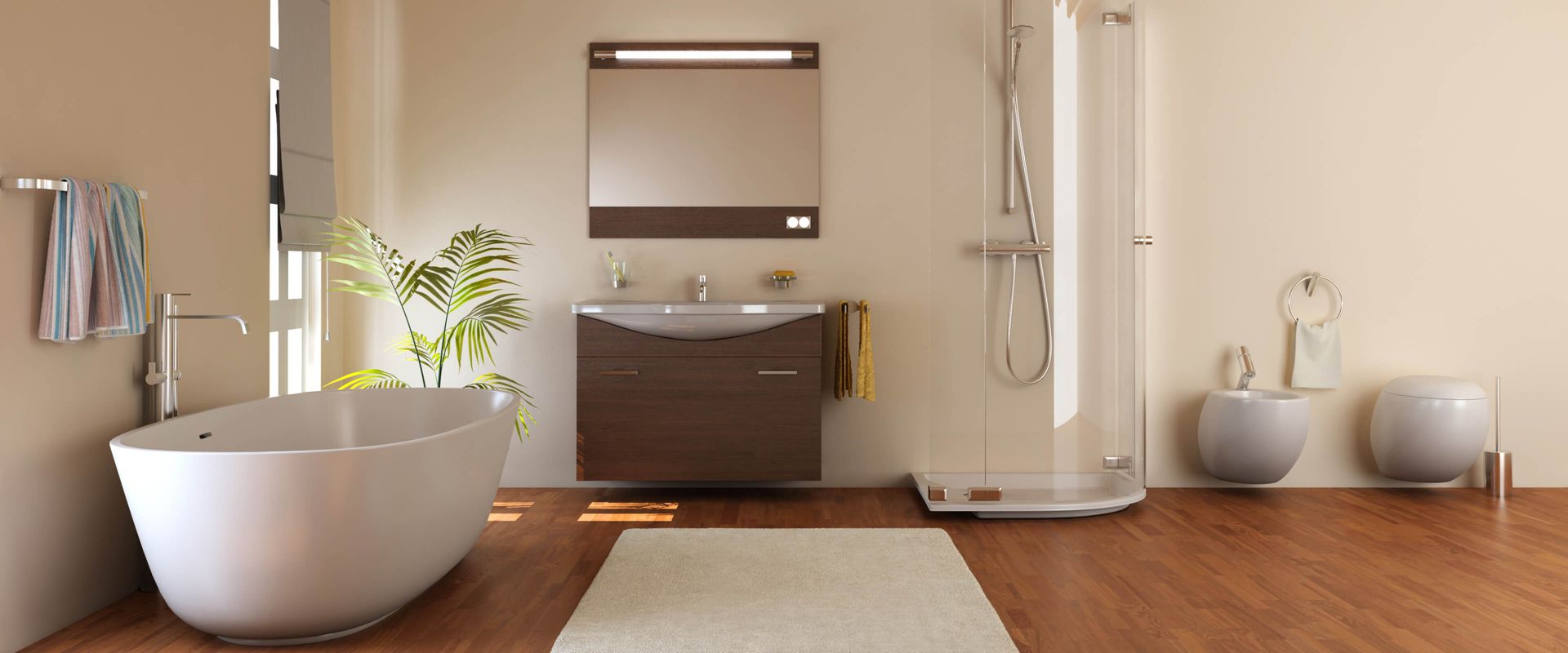Modernes Badezimmer mit einer Badewanne, einem Waschbecken und einer Toilette.